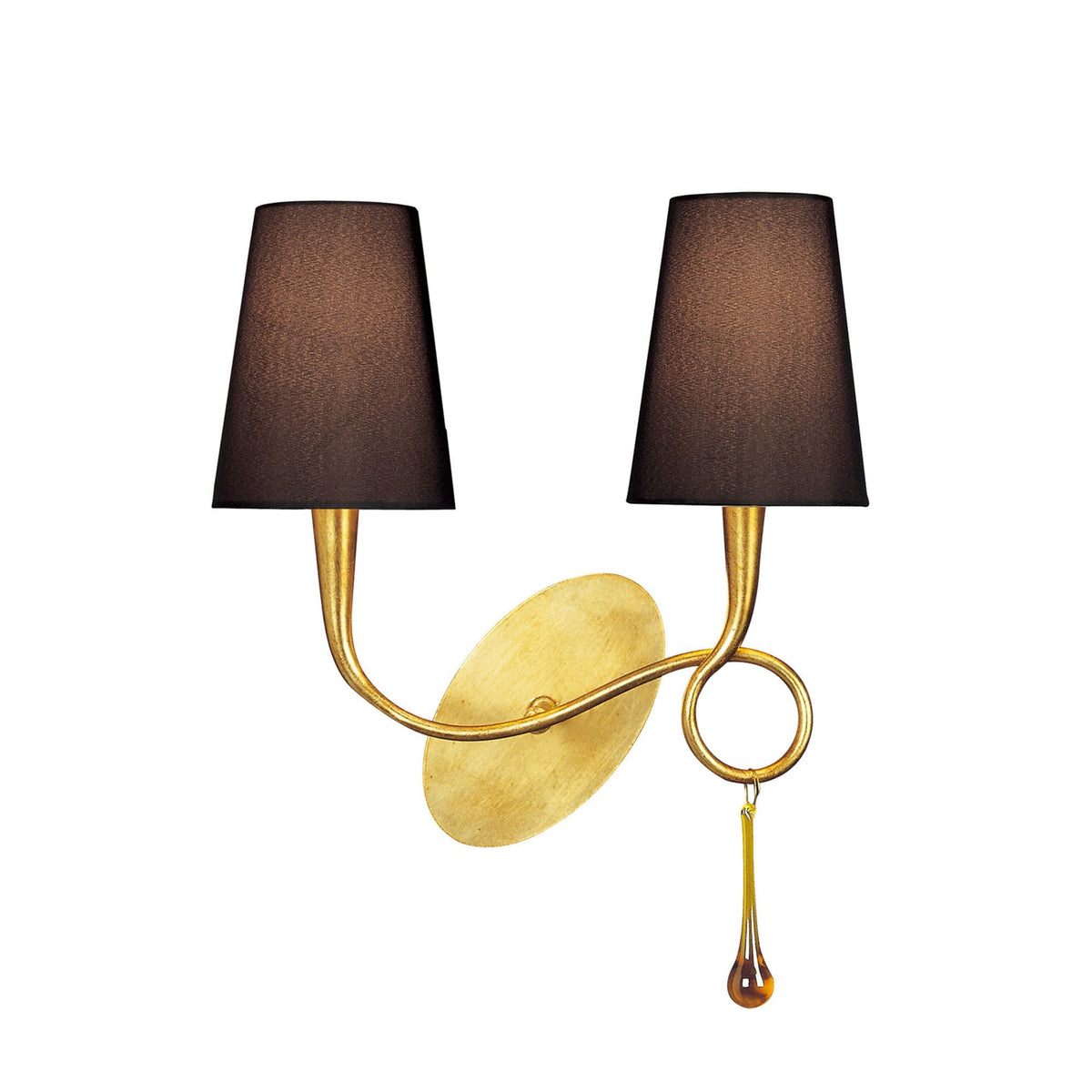 Paola Twin Wall Lamp In Painted Gold & Amber With Black Fabric Shade