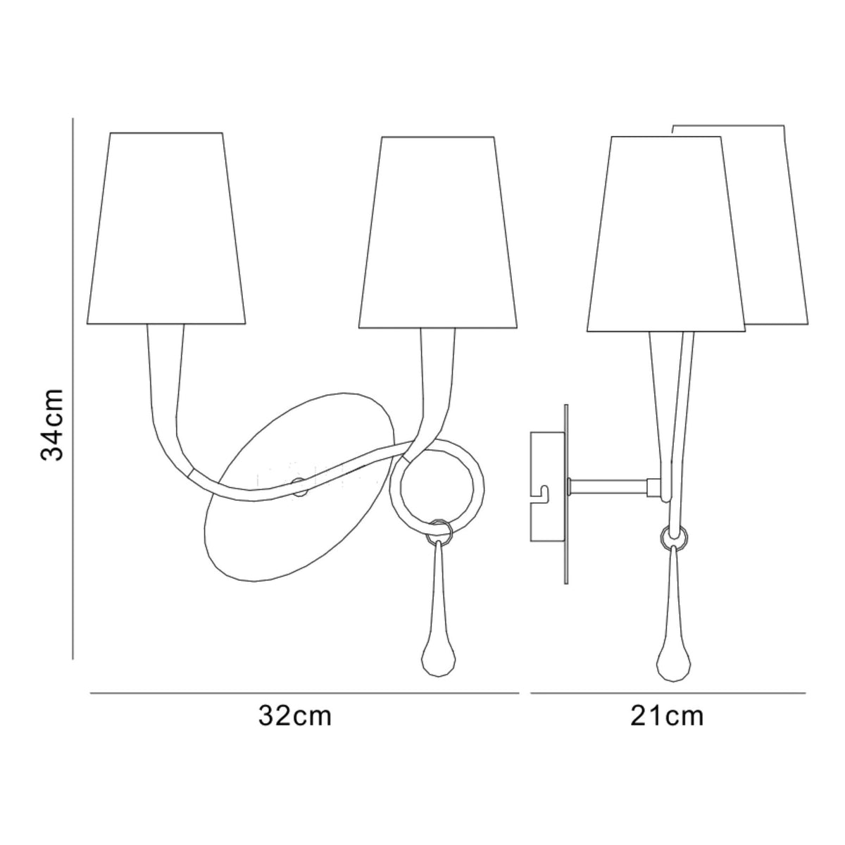 Paola Twin Wall Lamp In Painted Gold & Amber With Black Fabric Shade