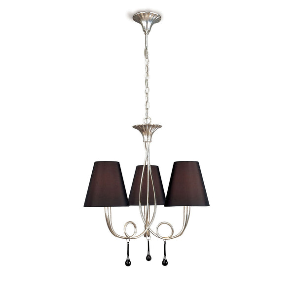 Paola 3 Light Chandelier In Painted Silver & Black With Black Fabric Shades