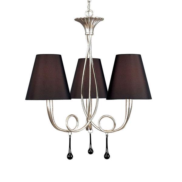 Paola 3 Light Chandelier In Painted Silver & Black With Black Fabric Shades