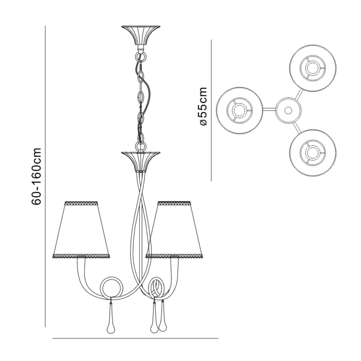 Paola 3 Light Chandelier In Painted Silver & Black With Black Fabric Shades