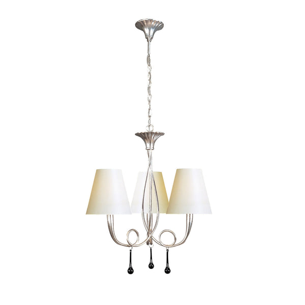 Paola 3 Light Chandelier In Painted Silver & Black With Cream Fabric Shades