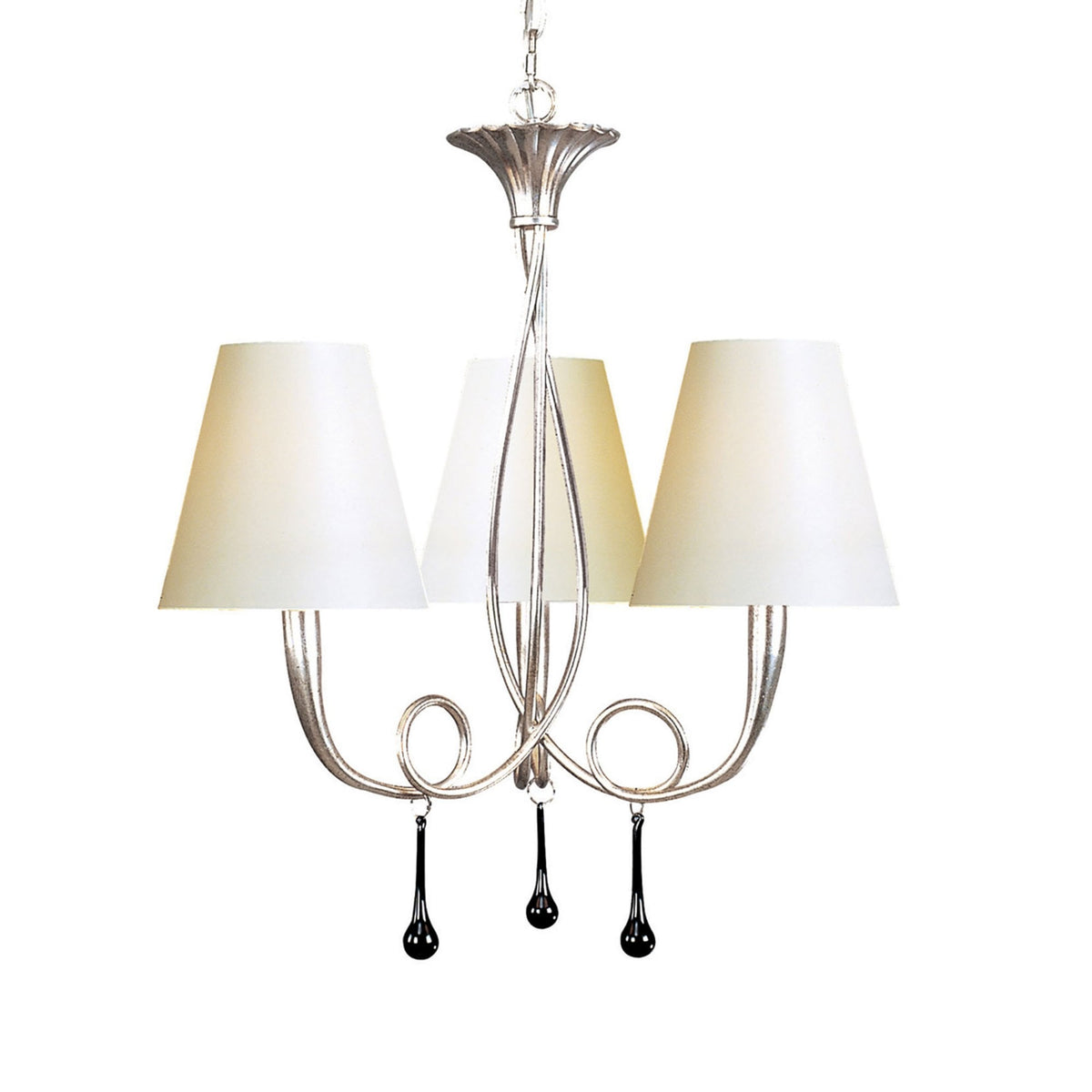 Paola 3 Light Chandelier In Painted Silver & Black With Cream Fabric Shades