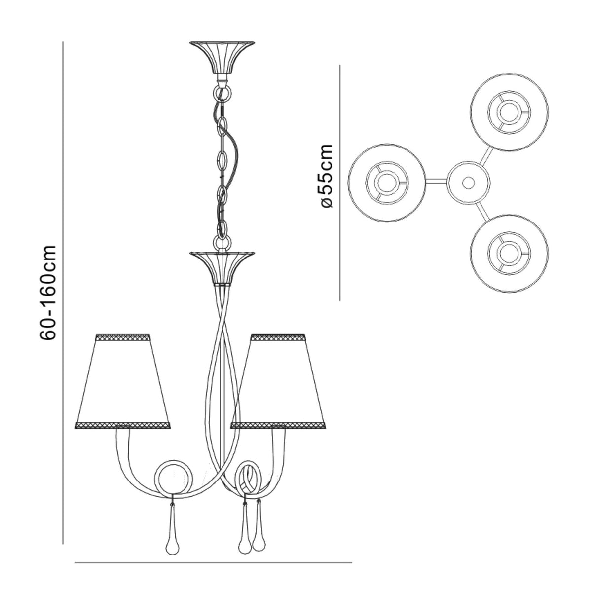 Paola 3 Light Chandelier In Painted Silver & Black With Cream Fabric Shades