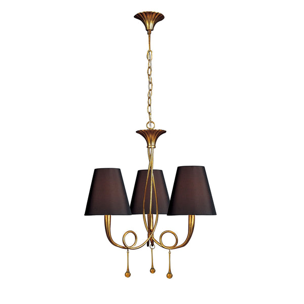 Paola 3 Light Chandelier In Painted Gold & Amber With Black Fabric Shades