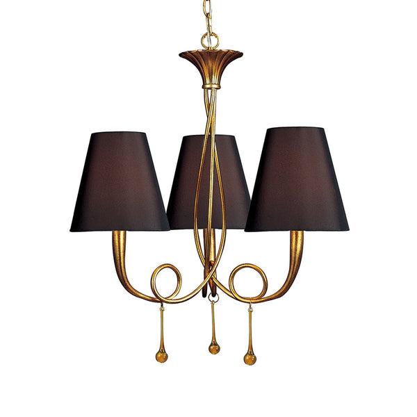 Paola 3 Light Chandelier In Painted Gold & Amber With Black Fabric Shades