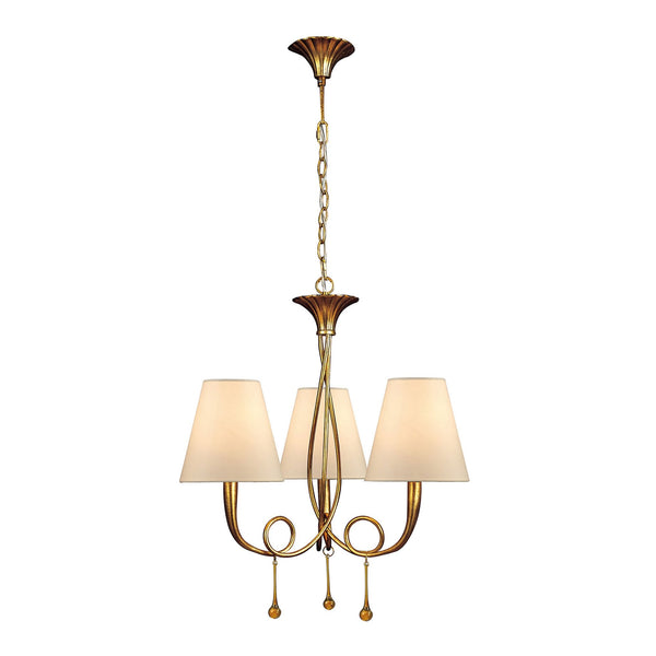 Paola 3 Light Chandelier In Painted Gold & Amber With Cream Fabric Shades