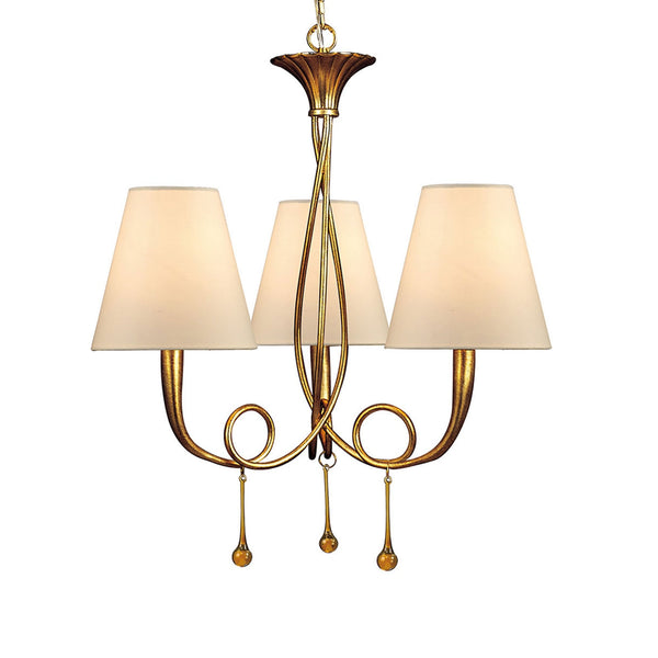 Paola 3 Light Chandelier In Painted Gold & Amber With Cream Fabric Shades