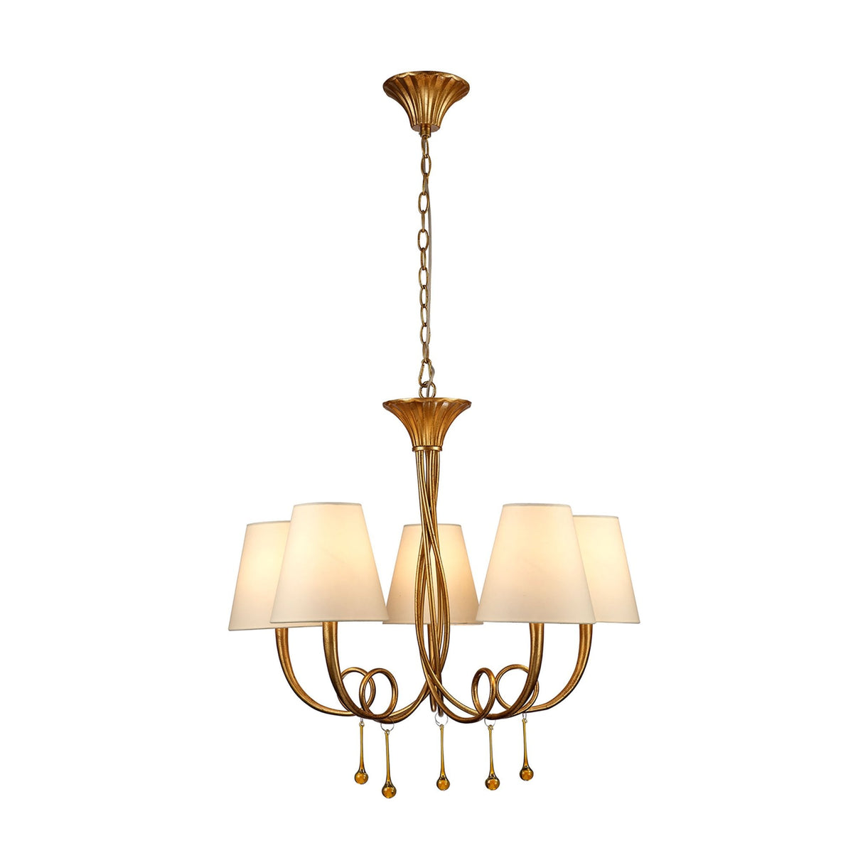 Paola 5 Light Chandelier In Painted Gold & Amber With Cream Fabric Shades