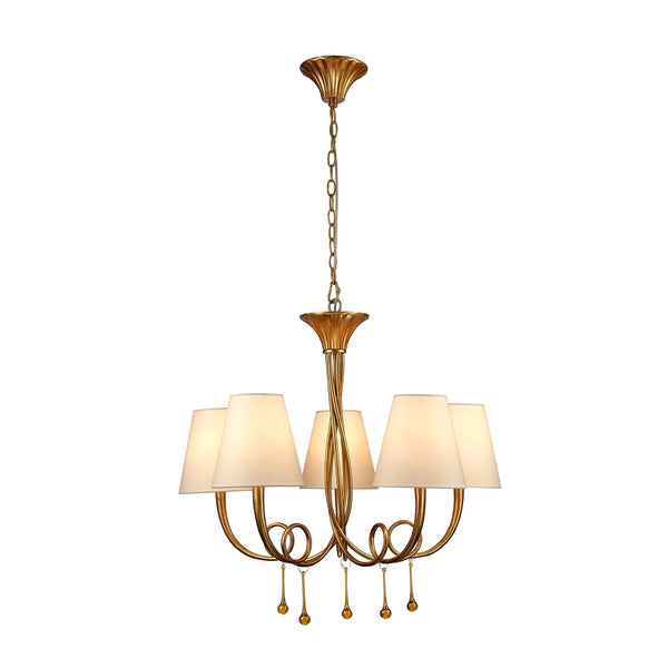 Paola 5 Light Chandelier In Painted Gold & Amber With Cream Fabric Shades