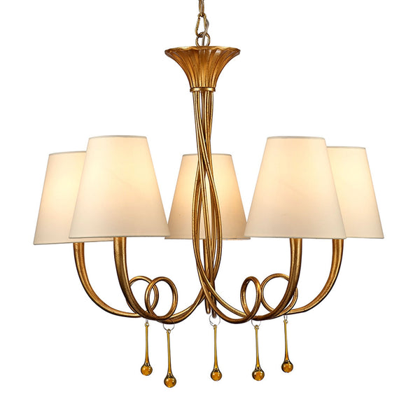 Paola 5 Light Chandelier In Painted Gold & Amber With Cream Fabric Shades