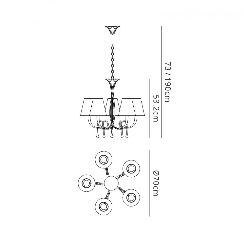 Paola 5 Light Chandelier In Painted Gold & Amber With Cream Fabric Shades