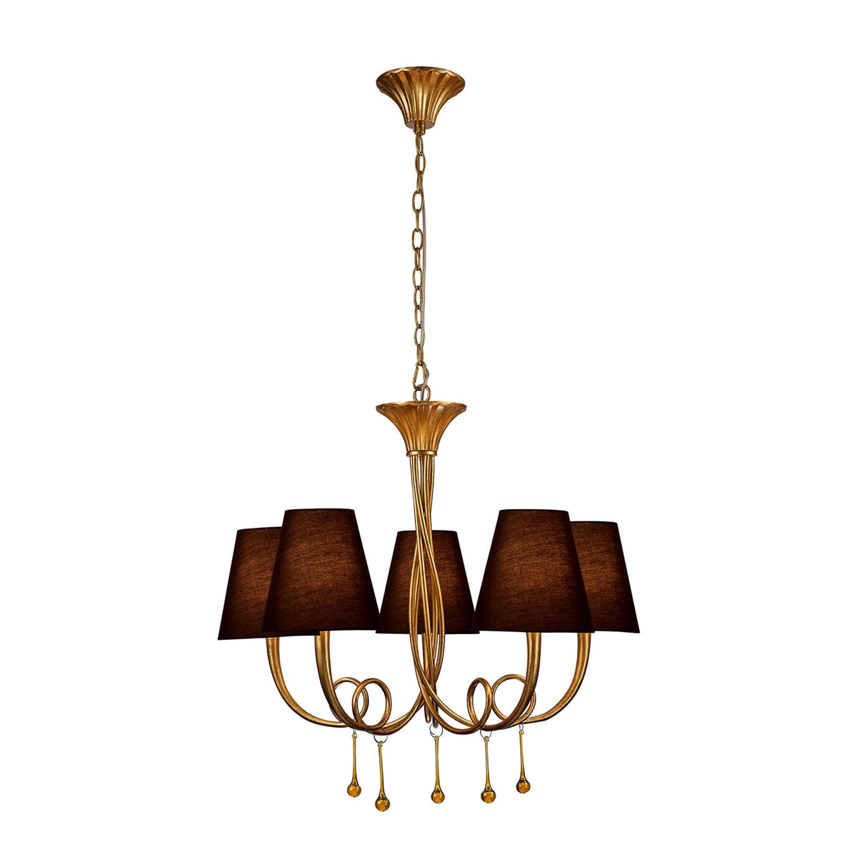 Paola 5 Light Chandelier In Painted Gold & Amber With Black Fabric Shades