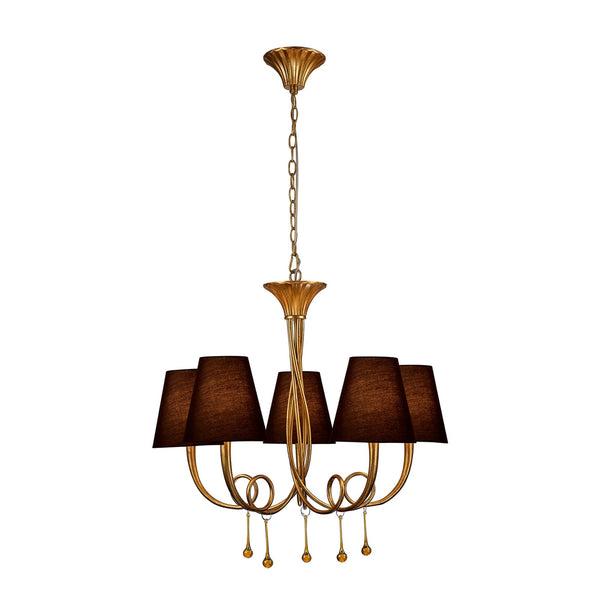Paola 5 Light Chandelier In Painted Gold & Amber With Black Fabric Shades