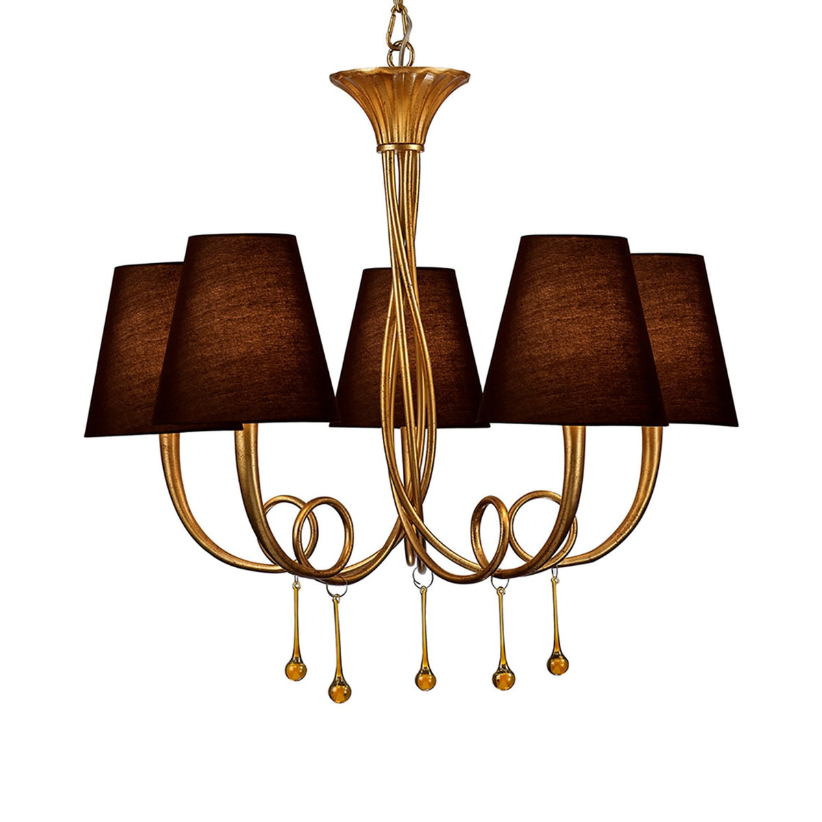 Paola 5 Light Chandelier In Painted Gold & Amber With Black Fabric Shades