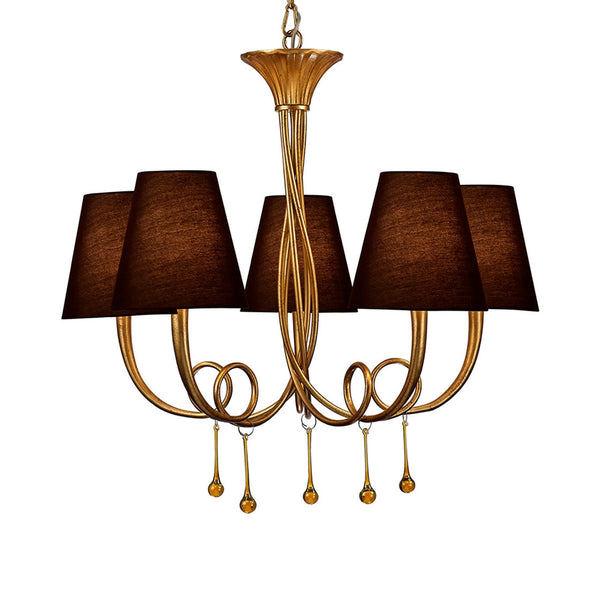 Paola 5 Light Chandelier In Painted Gold & Amber With Black Fabric Shades
