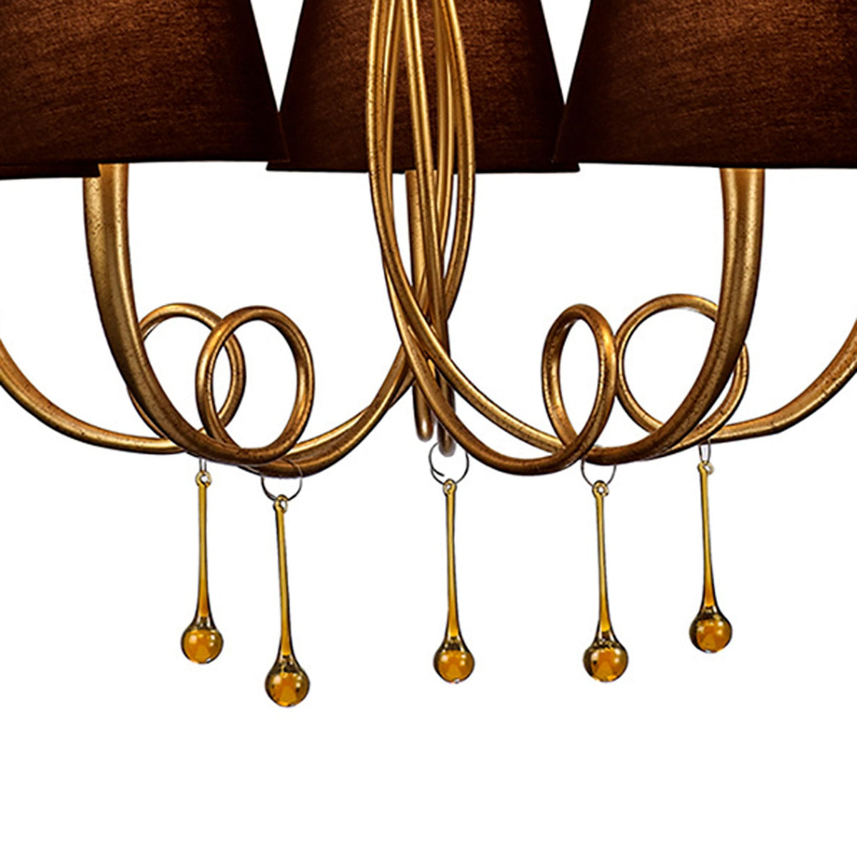 Paola 5 Light Chandelier In Painted Gold & Amber With Black Fabric Shades