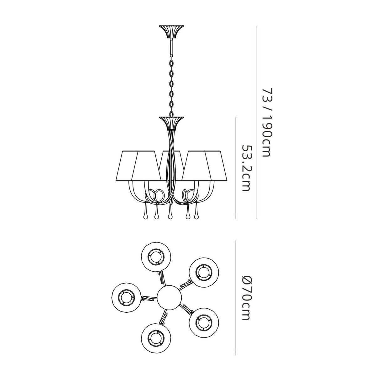 Paola 5 Light Chandelier In Painted Gold & Amber With Black Fabric Shades