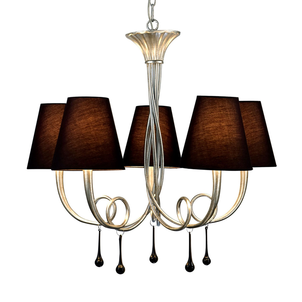 Paola 5 Light Chandelier In Painted Silver & Black With Black Fabric Shades