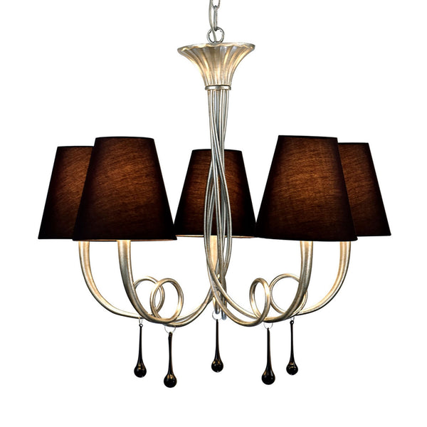Paola 5 Light Chandelier In Painted Silver & Black With Black Fabric Shades