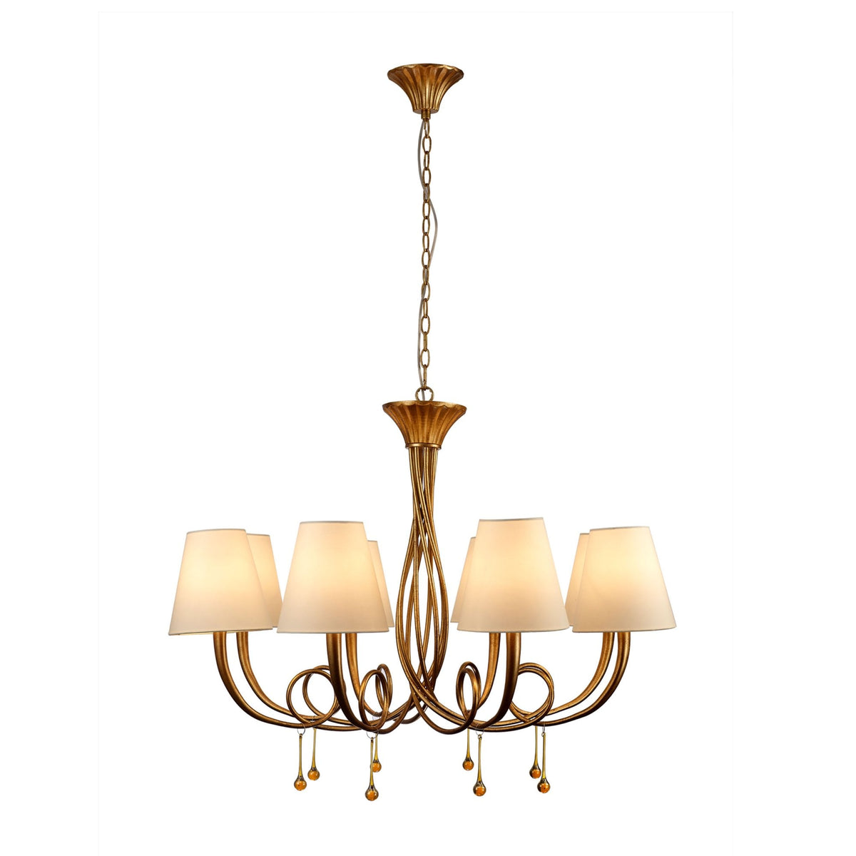 Paola 8 Light Chandelier In Painted Gold & Amber With Cream Fabric Shades