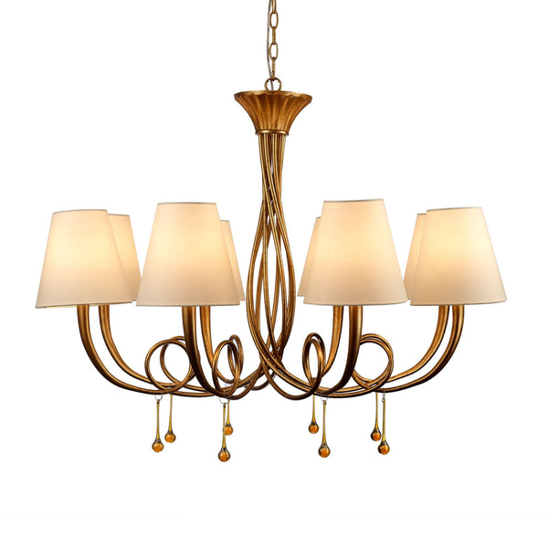 Paola 8 Light Chandelier In Painted Gold & Amber With Cream Fabric Shades