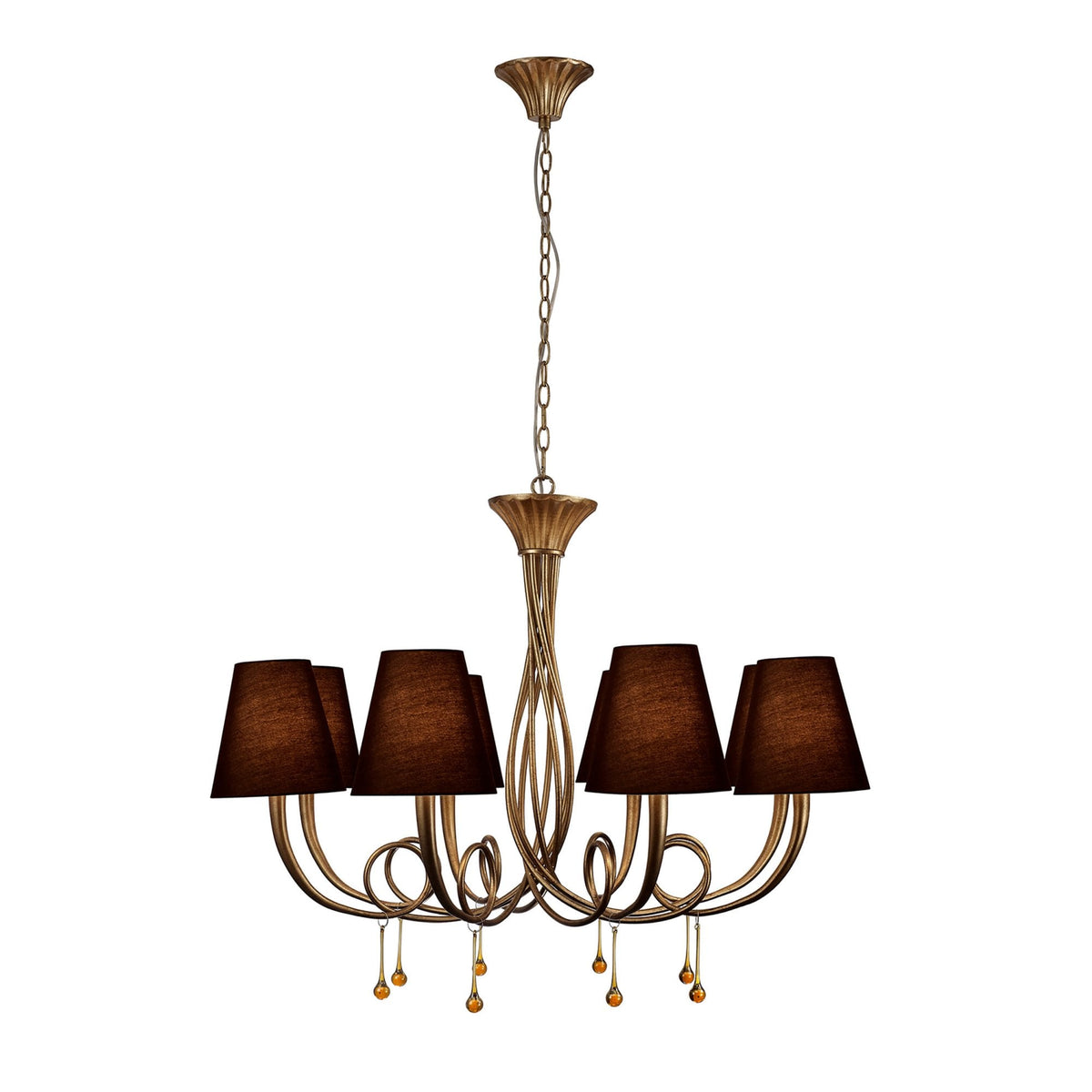 Paola 8 Light Chandelier In Painted Gold & Amber With Black Fabric Shades