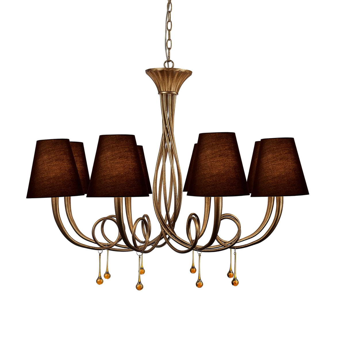 Paola 8 Light Chandelier In Painted Gold & Amber With Black Fabric Shades