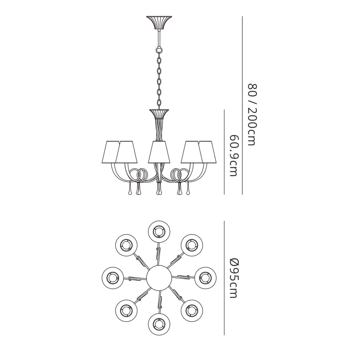 Paola 8 Light Chandelier In Painted Gold & Amber With Black Fabric Shades