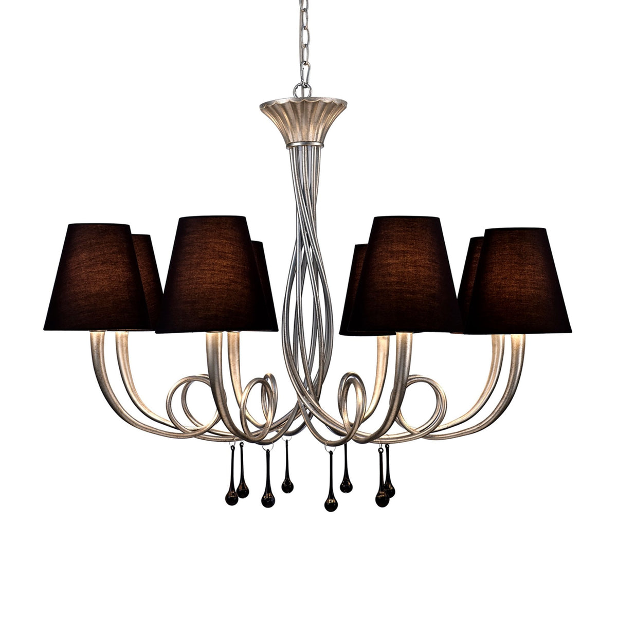 Paola 8 Light Chandelier In Painted Silver & Black With Black Fabric Shades