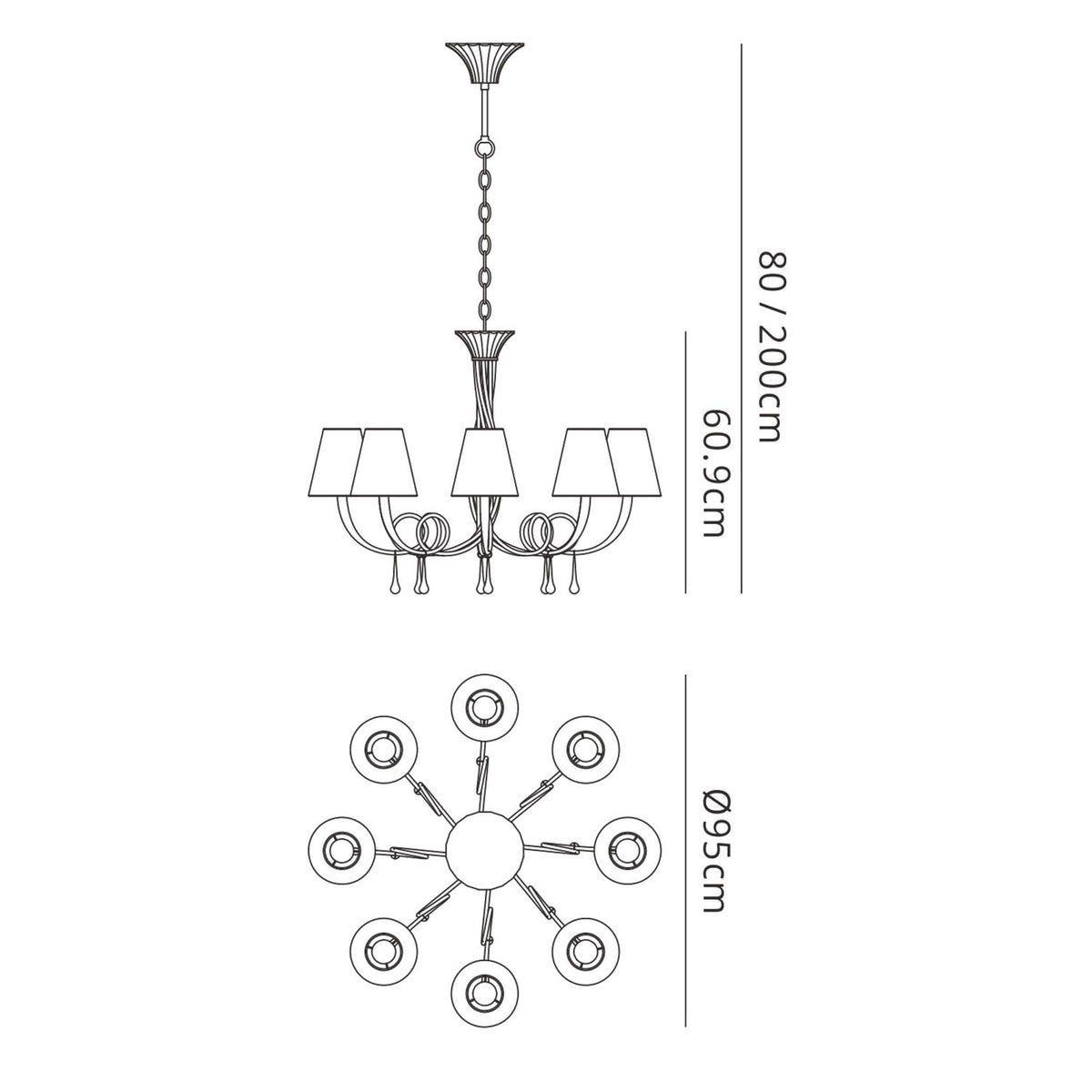 Paola 8 Light Chandelier In Painted Silver & Black With Black Fabric Shades