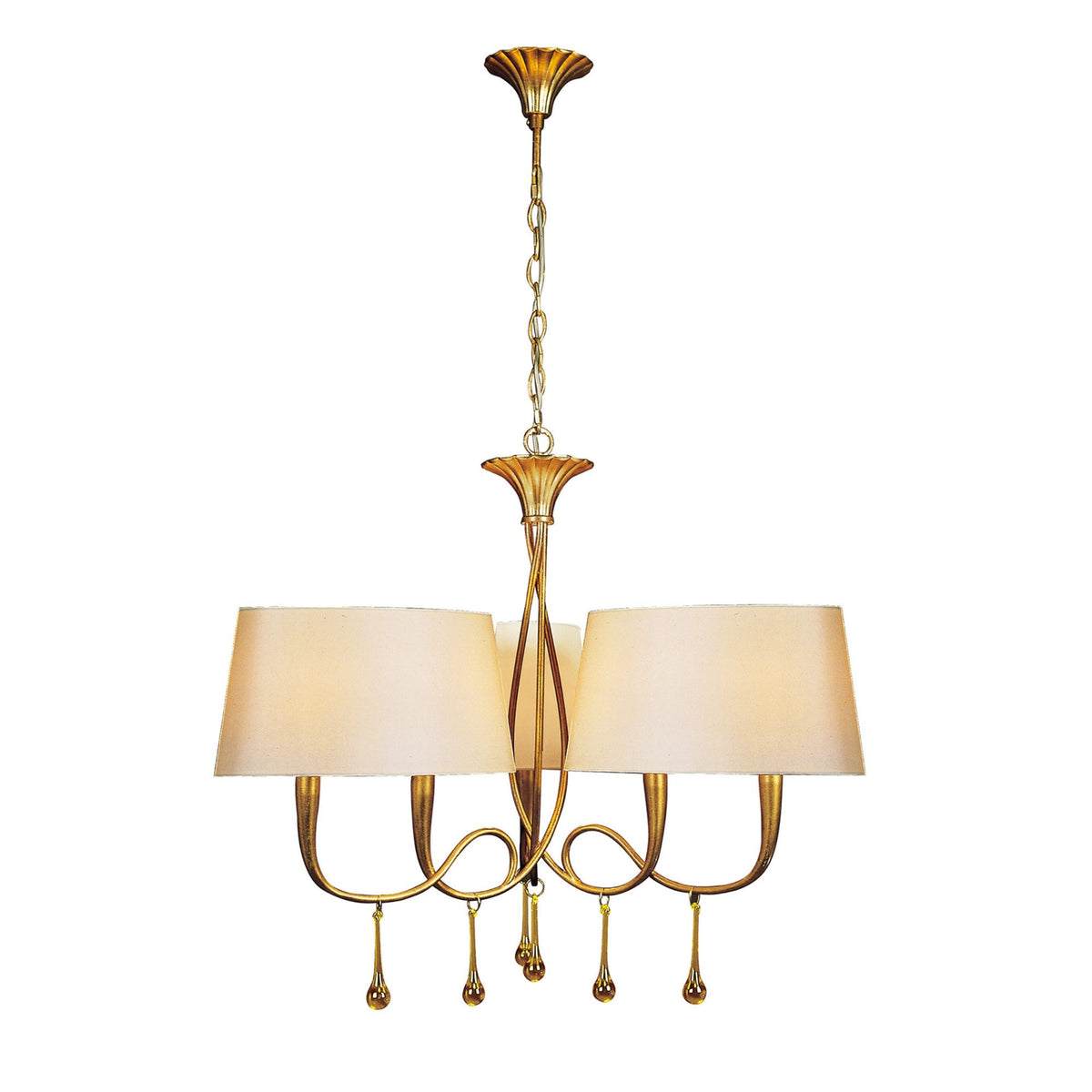 Paola 3 Arm Chandelier In Painted Gold & Amber With Cream Fabric Shades
