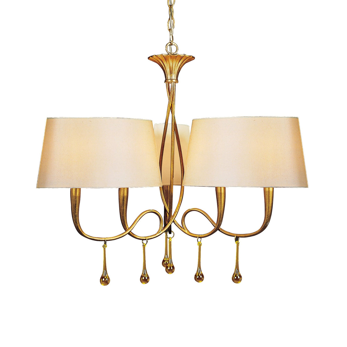 Paola 3 Arm Chandelier In Painted Gold & Amber With Cream Fabric Shades