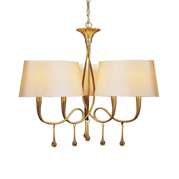 Paola 3 Arm Chandelier In Painted Gold & Amber With Cream Fabric Shades