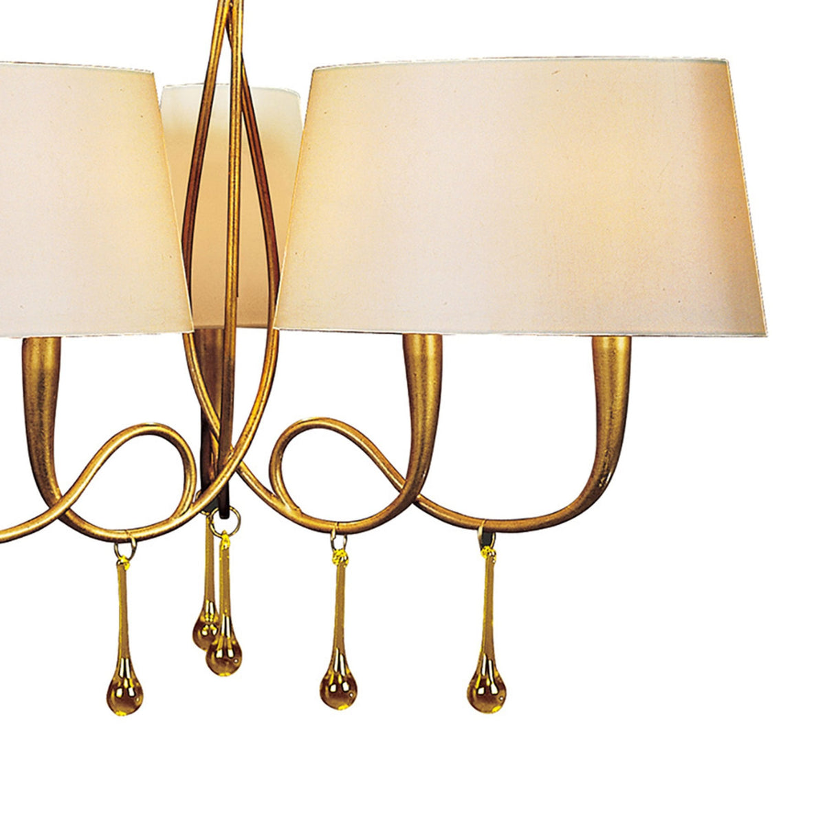 Paola 3 Arm Chandelier In Painted Gold & Amber With Cream Fabric Shades