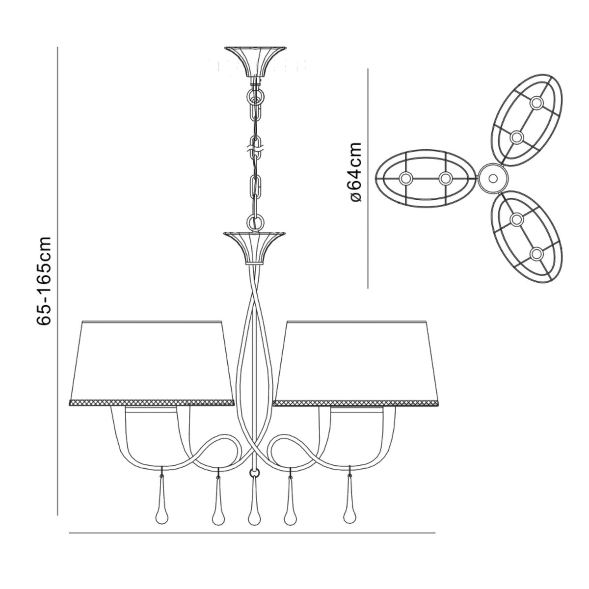 Paola 3 Arm Chandelier In Painted Gold & Amber With Cream Fabric Shades