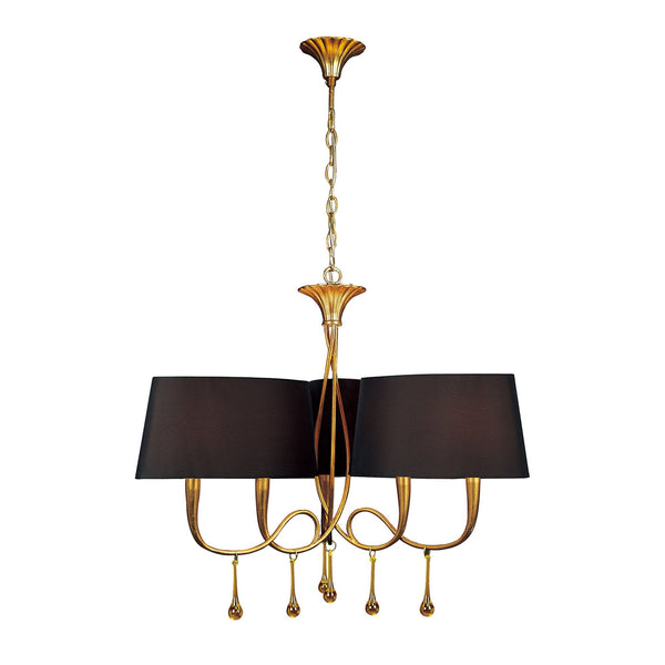 Paola 3 Arm Chandelier In Painted Gold & Amber With Black Fabric Shades