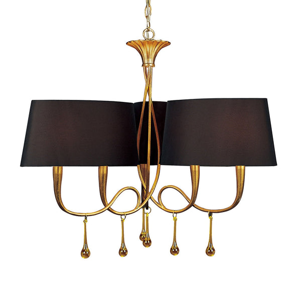 Paola 3 Arm Chandelier In Painted Gold & Amber With Black Fabric Shades