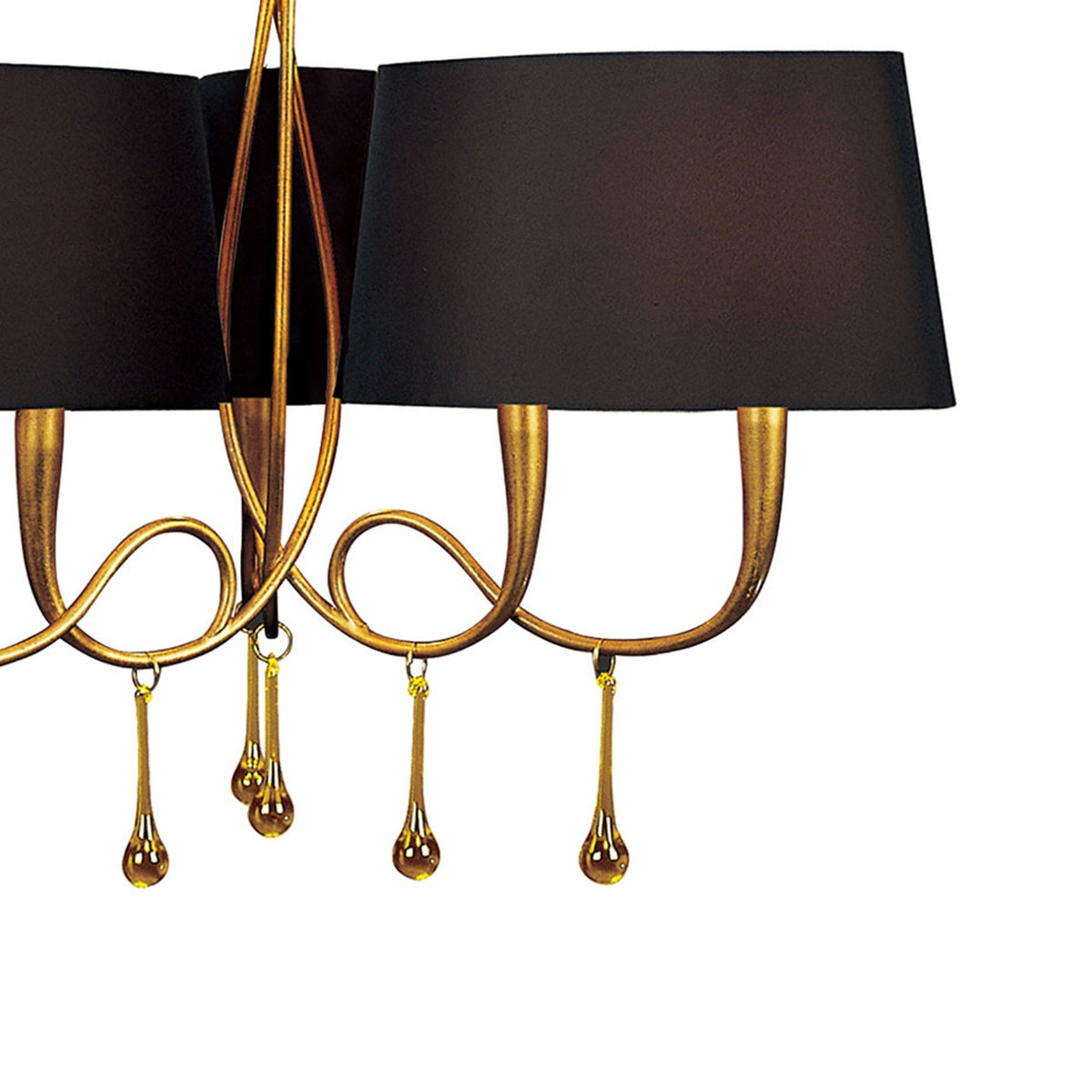 Paola 3 Arm Chandelier In Painted Gold & Amber With Black Fabric Shades