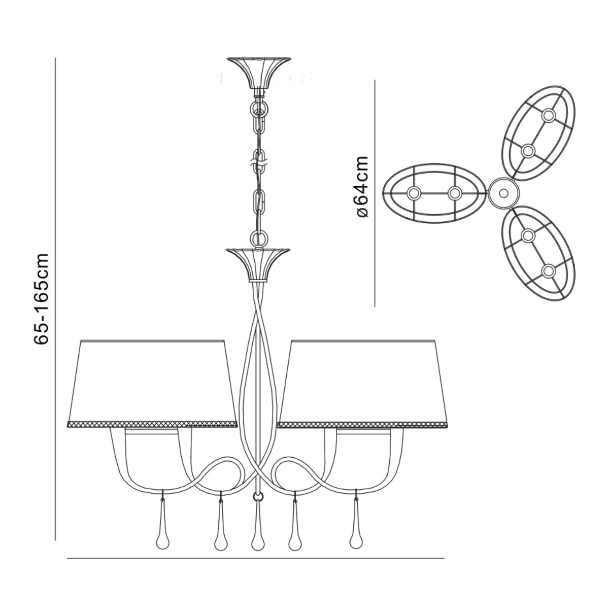 Paola 3 Arm Chandelier In Painted Gold & Amber With Black Fabric Shades