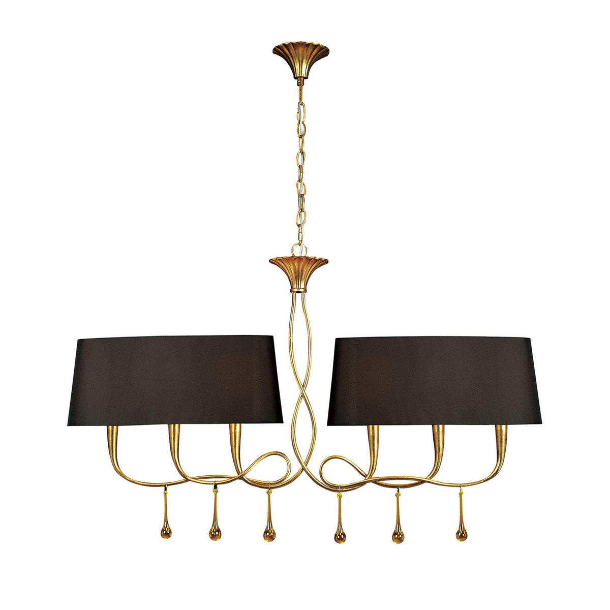 A decorative gold chandelier with two black rectangular lampshades and droplet details.