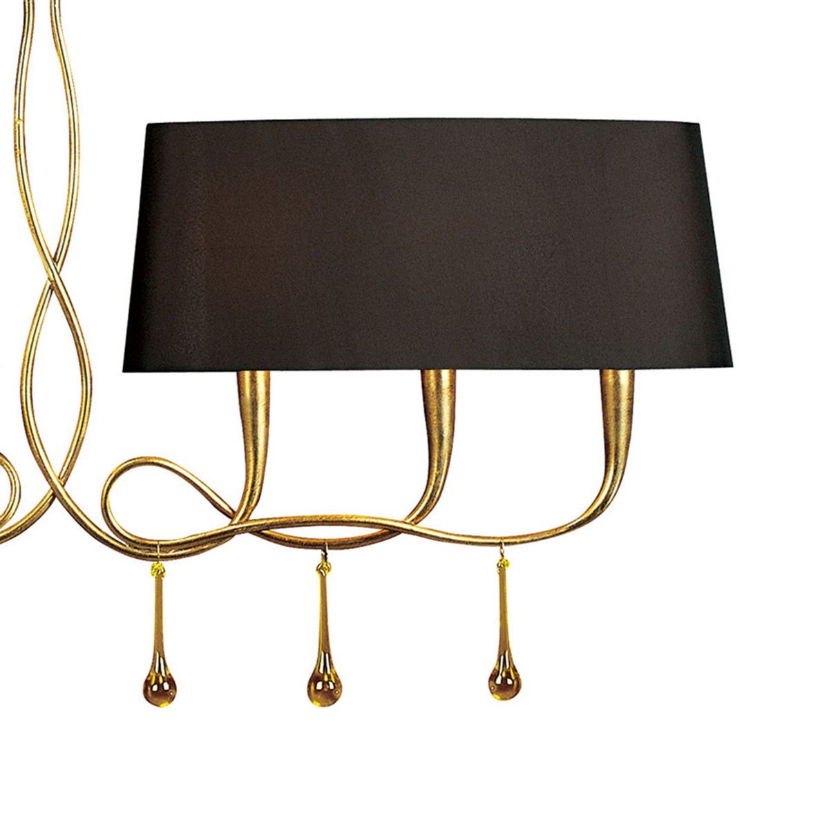 A close-up of one of the black rectangular lampshades and gold droplet details on the chandelier.