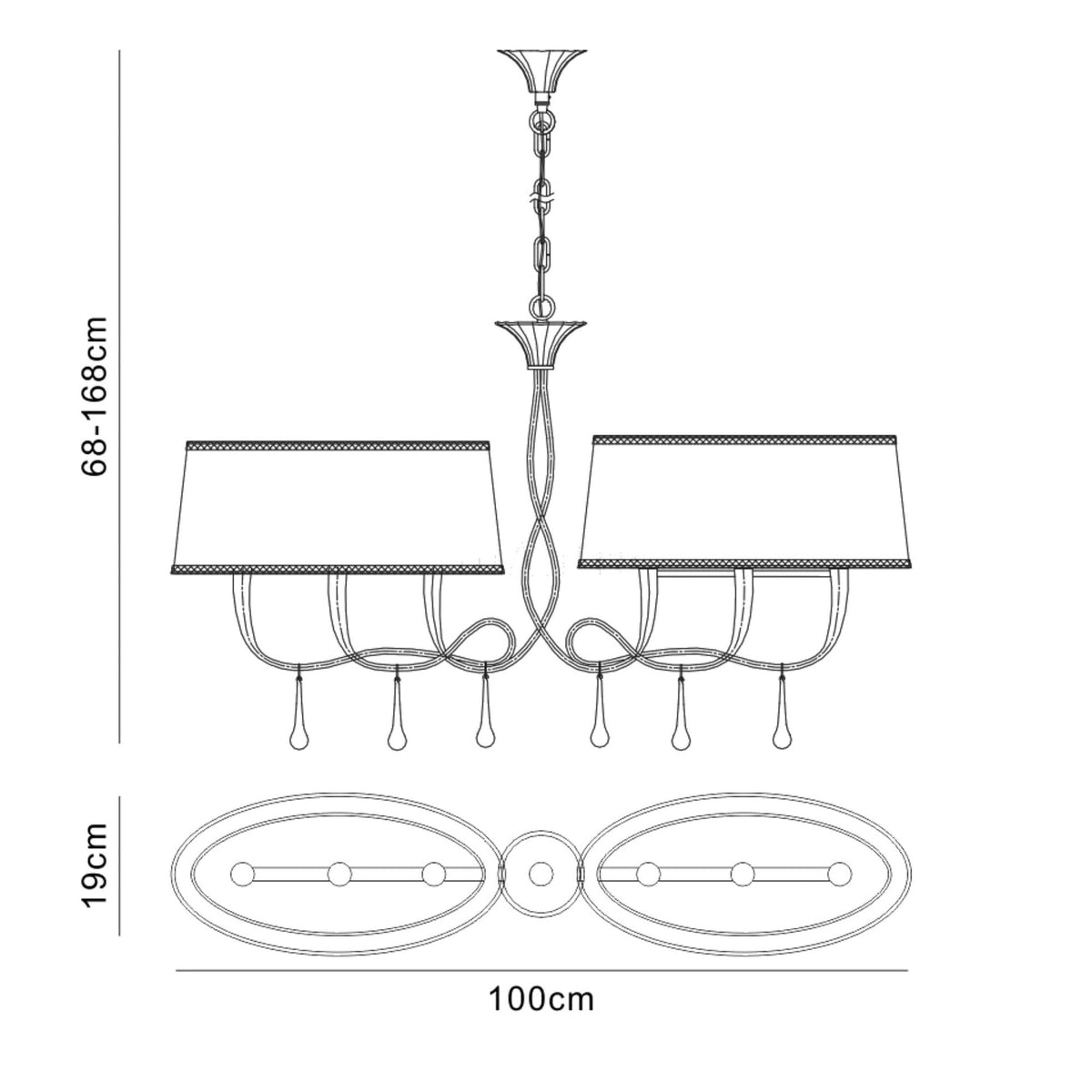 A technical drawing of the chandelier showing its dimensions of 68-168cm height and 100cm width.