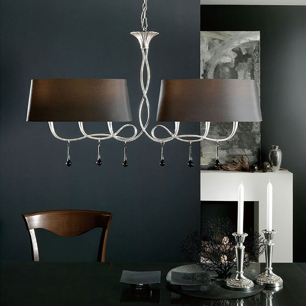 Paola 6 Light Linear In Painted Silver & Black With Black Fabric Shades
