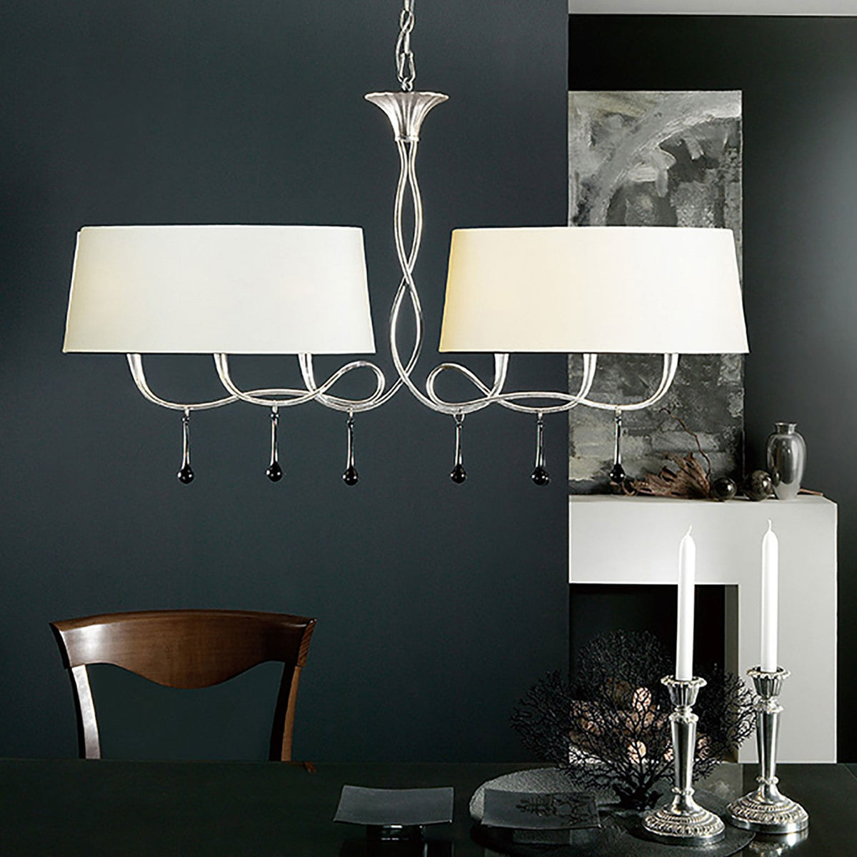 Paola 6 Light Linear In Painted Silver & Black With Cream Fabric Shades