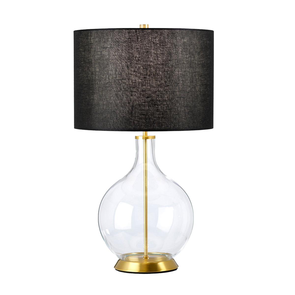 Orb Table Lamp with Clear Glass with Aged Brass Metalwork and Black Shade