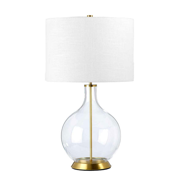 Orb Table Lamp with Clear Glass with Aged Brass Metalwork and White Shade