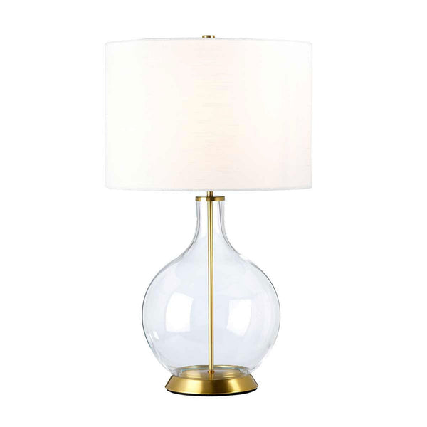 Orb Table Lamp with Clear Glass with Aged Brass Metalwork and White Shade