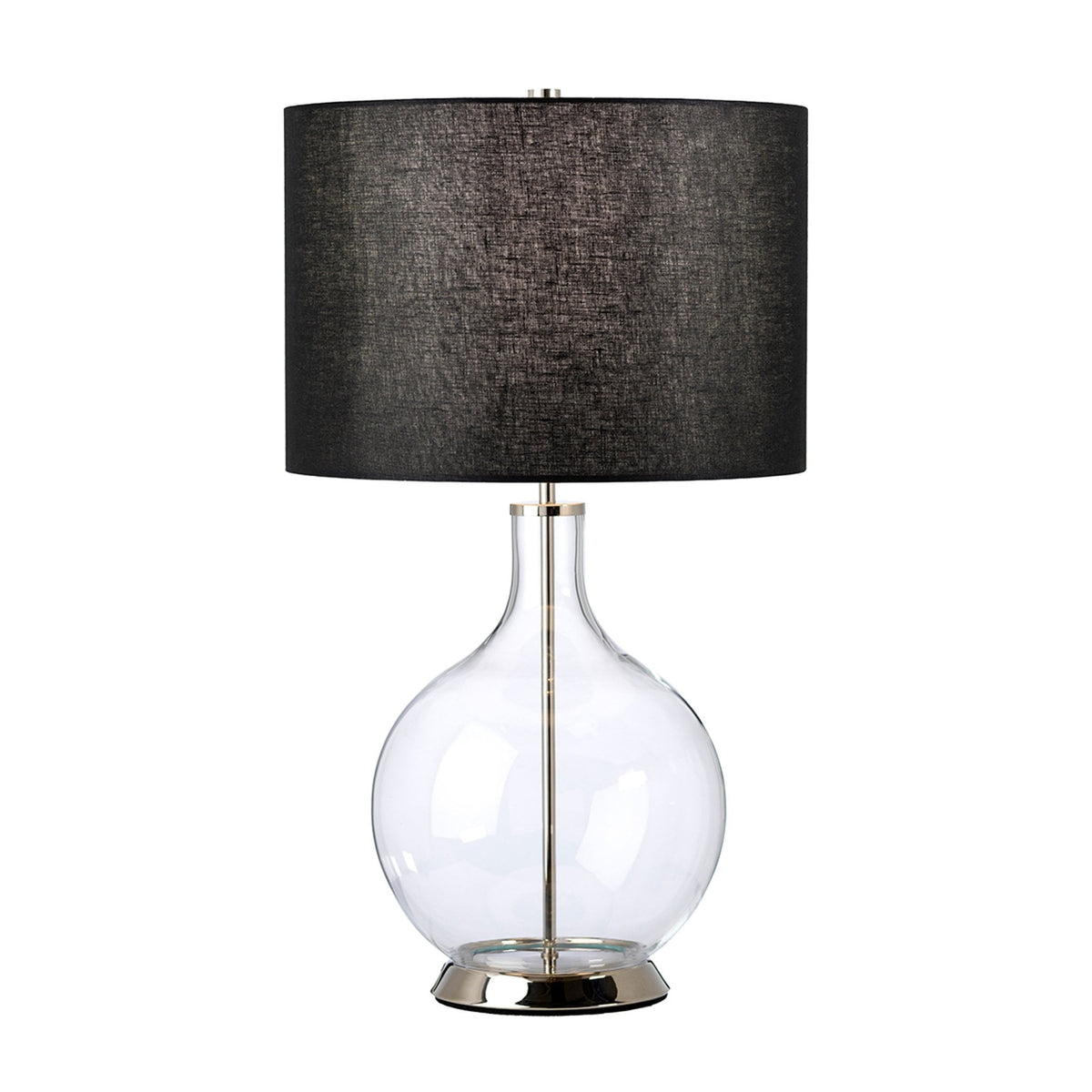 Table lamp with a textured dark grey shade and a clear glass base.