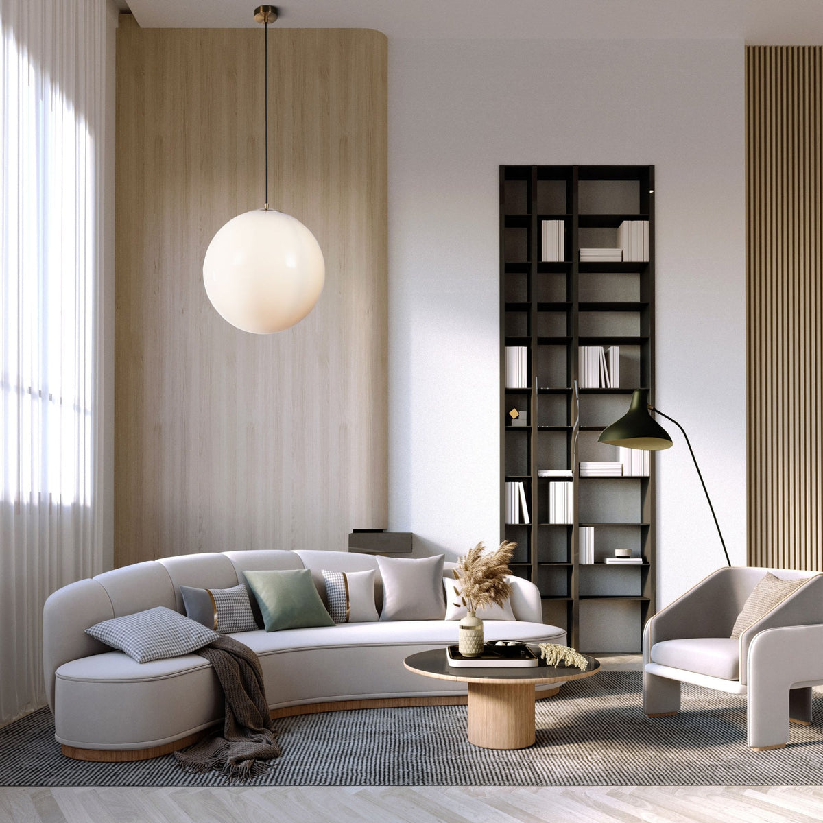 Atom II Large Pendant In Satin Brass With Opal Glass Shade